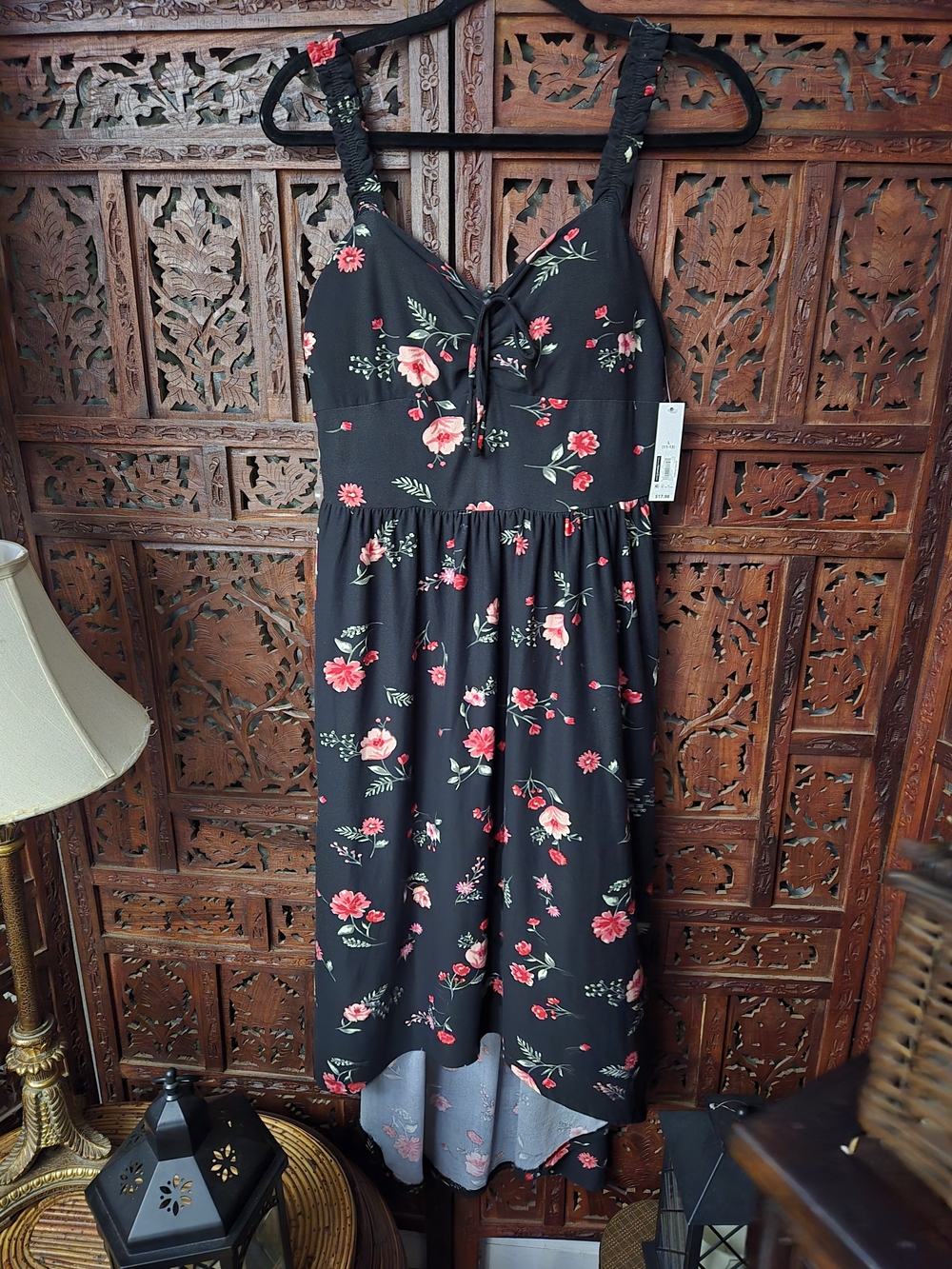 NOBO Black Midi Dress with Pink & Red Floral Print
